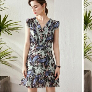 Reiss Bertie Floral Grass Print Dress Size 2 Blue Green